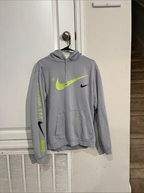 Nike Gray Pullover Hoodie with Neon Yellow & Black Swoosh